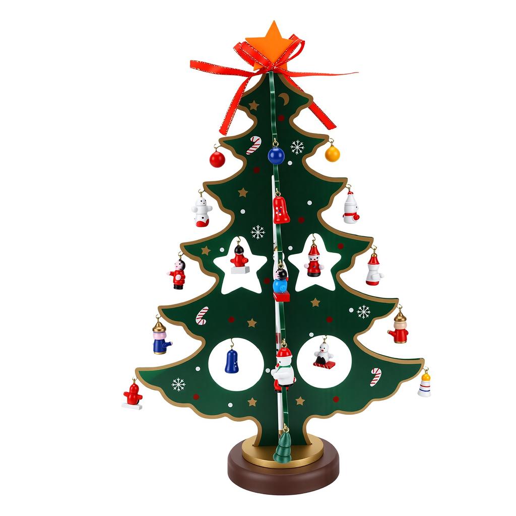 Wooden Xmas Tree Advent Calendar Tabletop Xmas Tree Decoration with Star Topper and 28 Ornaments for Home