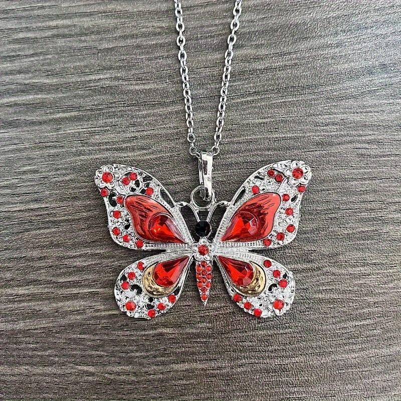 Retro Multicolor Rhinestones Butterfly Pendant Necklace Silver Plated Jewelry