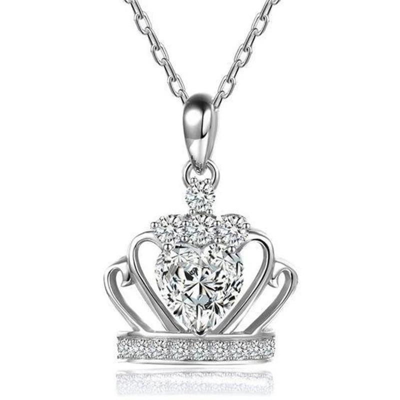 Heart Center Stone Open Outline Crown Shaped Paved Pendant Women Cable Chain Clavicle Necklace