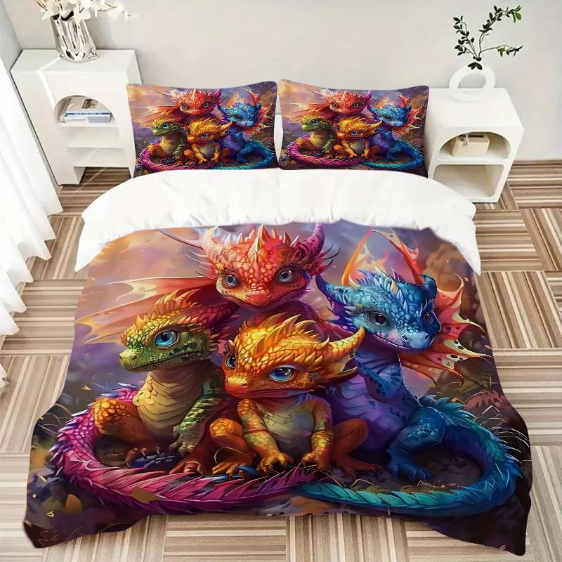 3pcs Anime Dragon Family Bedding Set - Includes One Quilt Cover and Two Pillowcases (No Core) - Polyester Fabric - Perfect for Bedroom and Guest Room