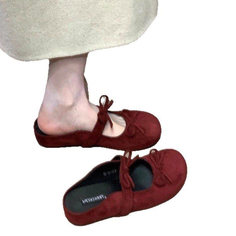 Bow 2025 bag head half slippers femininity Mary Jane shoes shallow mouth flat bottom summer new inner height increase round head