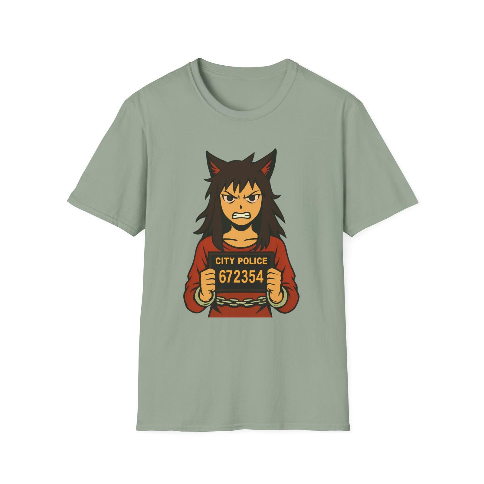 Unisex Softstyle Wolf-Girl Mugshot T-Shirt Mens Womens Tees Top – Streetwear, Rebels and Rule-Benders L
