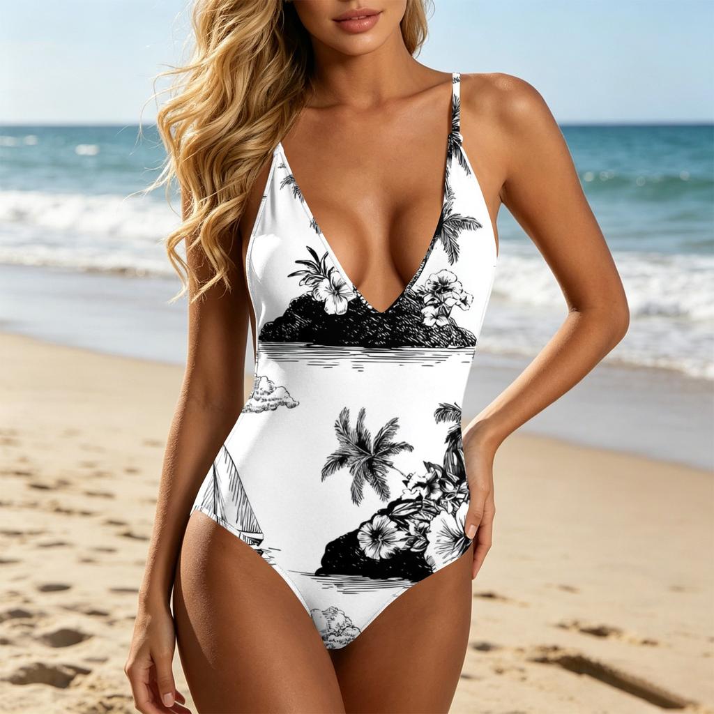 Women's Printed Bikini Swimsuit with Tropical Leaf and Floral Pattern Deep V Neck Adjustable Strap Design for Beach Pool Resort