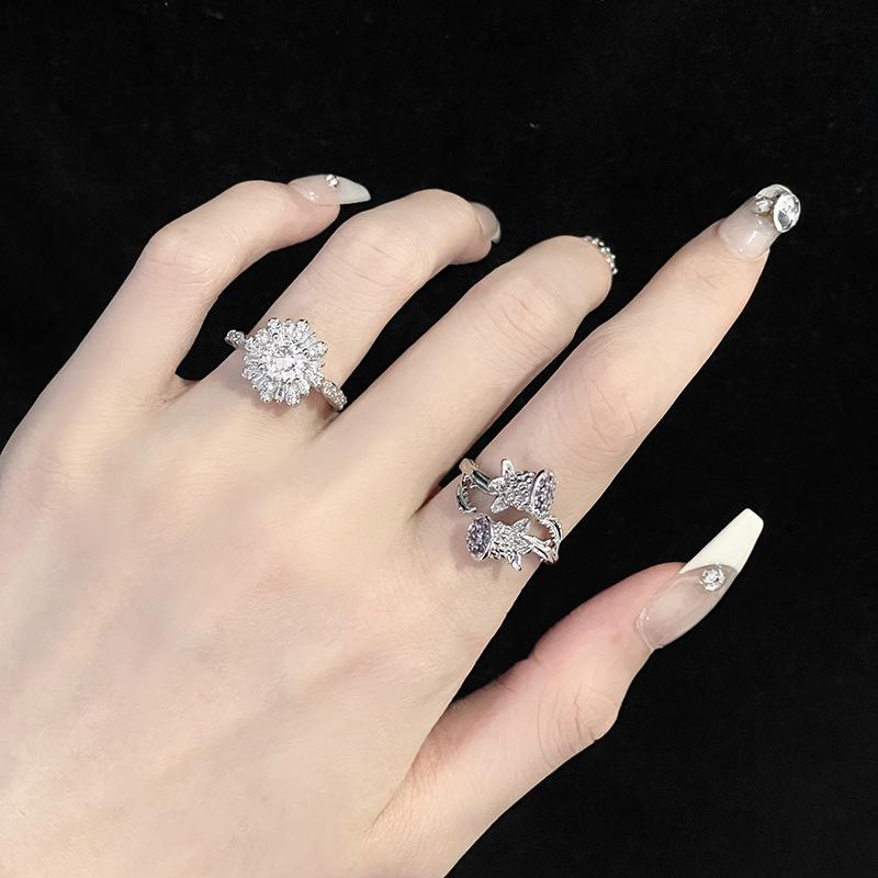 Flower Niche Design Cold Wind High Sense Diamond Set Purple Zircon Ring Women High Sense Open Ring