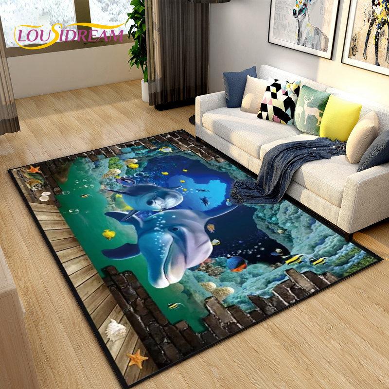 3D Seabed Illusion Underwater World Dolphin Shark Area Rug,Carpet Rug for Living Room Bedroom Sofa Doormat,Non-slip Floor Mat