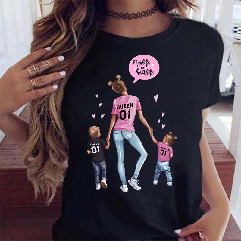 Maycaur Women Cartoon Mom Mother Boy Girl Print Mother Lady T-shirts Casual Top T Shirt Ladies Womens Graphic Female Tee T-Shirt