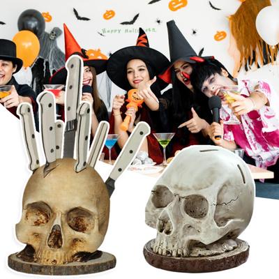 Skull-Shaped Knife Holder with Bone Texture Dark Horror Kitchen Decor for Halloween Gothic Style Stable Unique Gift for Horror