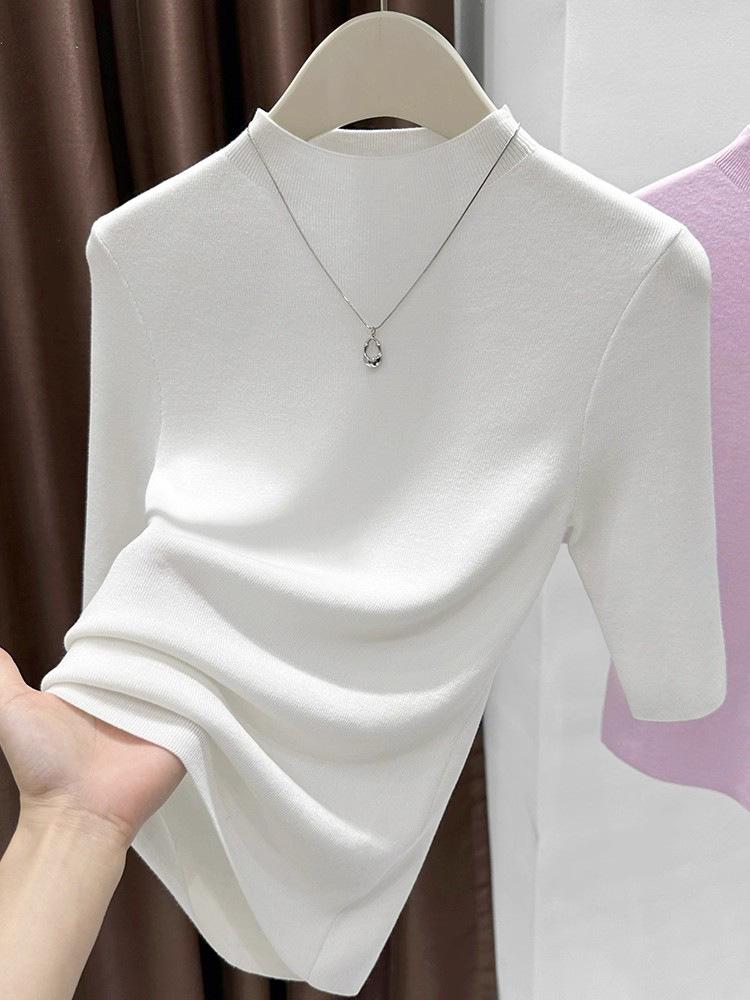 Women's Navy Blue Mid-Sleeve Sweater - Elegant High-End Knit Top with Stand Collar