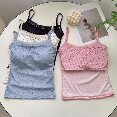 Summer Print Crop Tops for Women Bow Lace Camisole Sexy Backless Vest with Padded Basic Tank Top Bm Style Streetwear