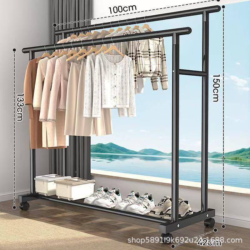 Extra Thick Double Rod Mobile Clothes Rack for Home and Dormitory