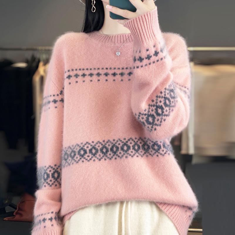 Mall-Stil Dicker Reiner Wollpullover für Damen - 100% Wolle Locker Gestrickt Vielseitiges Oberteil