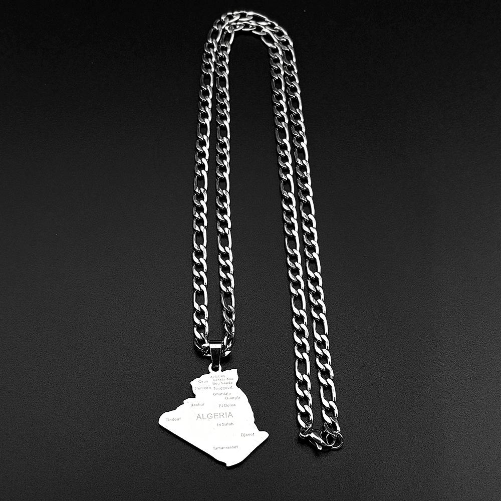Algeria Map Pendant Necklace for Men Women Stainless Steel Gold Color Country National Geography Major Cities Chain Jewelry