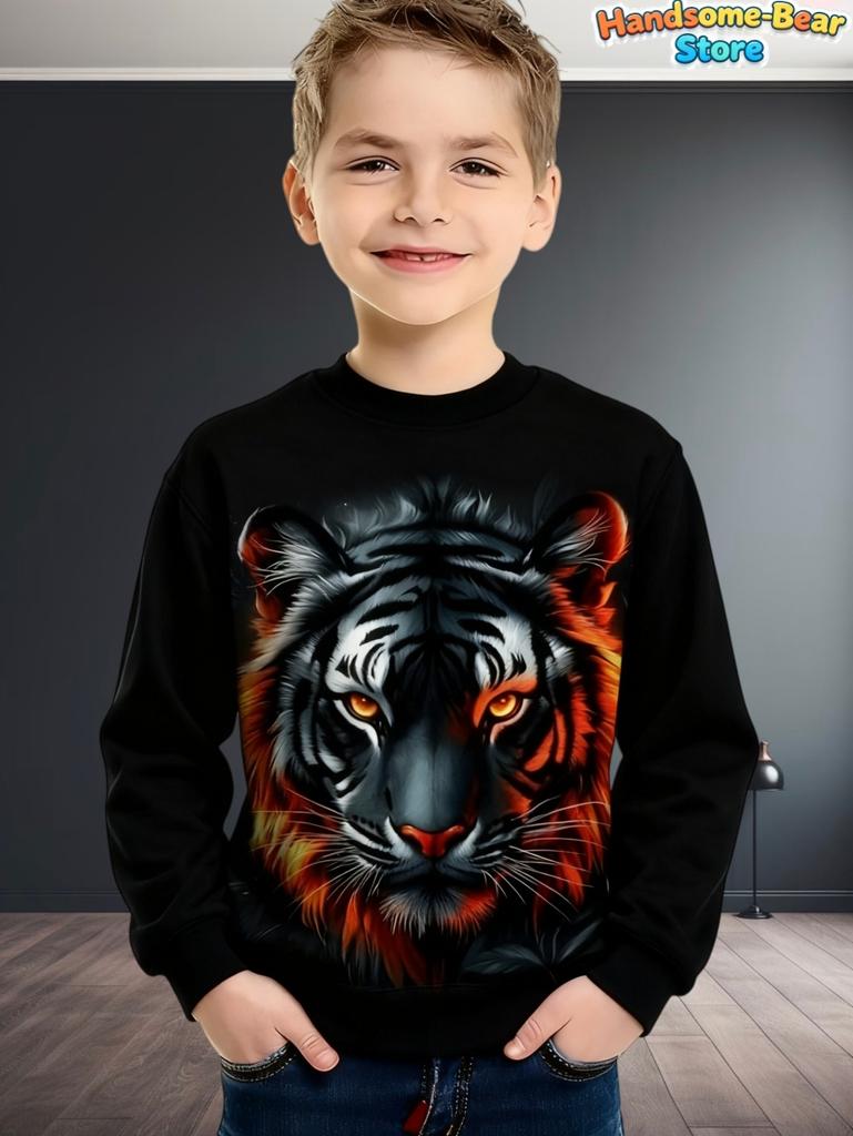 Boys Wolf Print Long Sleeve Crew Neck Sweatshirt Soft Breathable Casual Wear Outdoor Activities Autumn Essential Clothing Hoodie