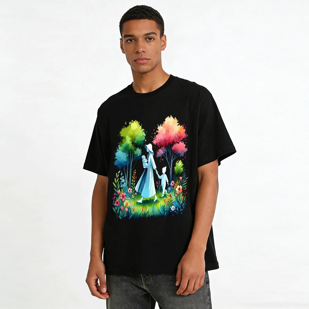 Aquarell Mama Kinder Gehen Druck Lässiges Oberteil Reines Baumwoll-T-Shirt
