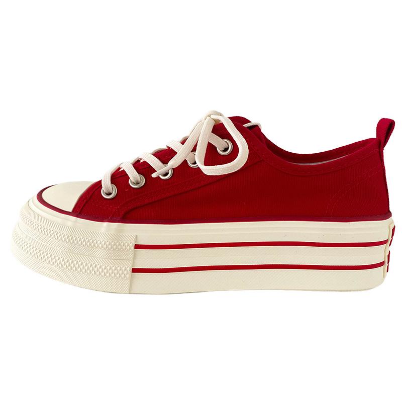 Dikke Bodem Canvas Schoenen Dames Ronde Neus Platte Veters Dubbele Band Veelzijdig Dunne Zool Board Schoenen Ademend Laag Uitgesneden Casual