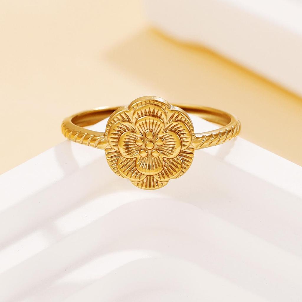 Stainless Steel Cute Rose Flower Open Ring with 3D Carved Design