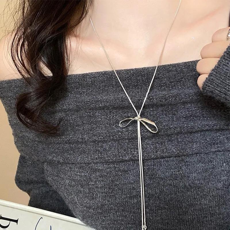 2026 Korean Bowknot Drawstring Necklace for Women Girls Fashion Metal Sliver Long Adjustable Necklace Jewelry Accessories Gift