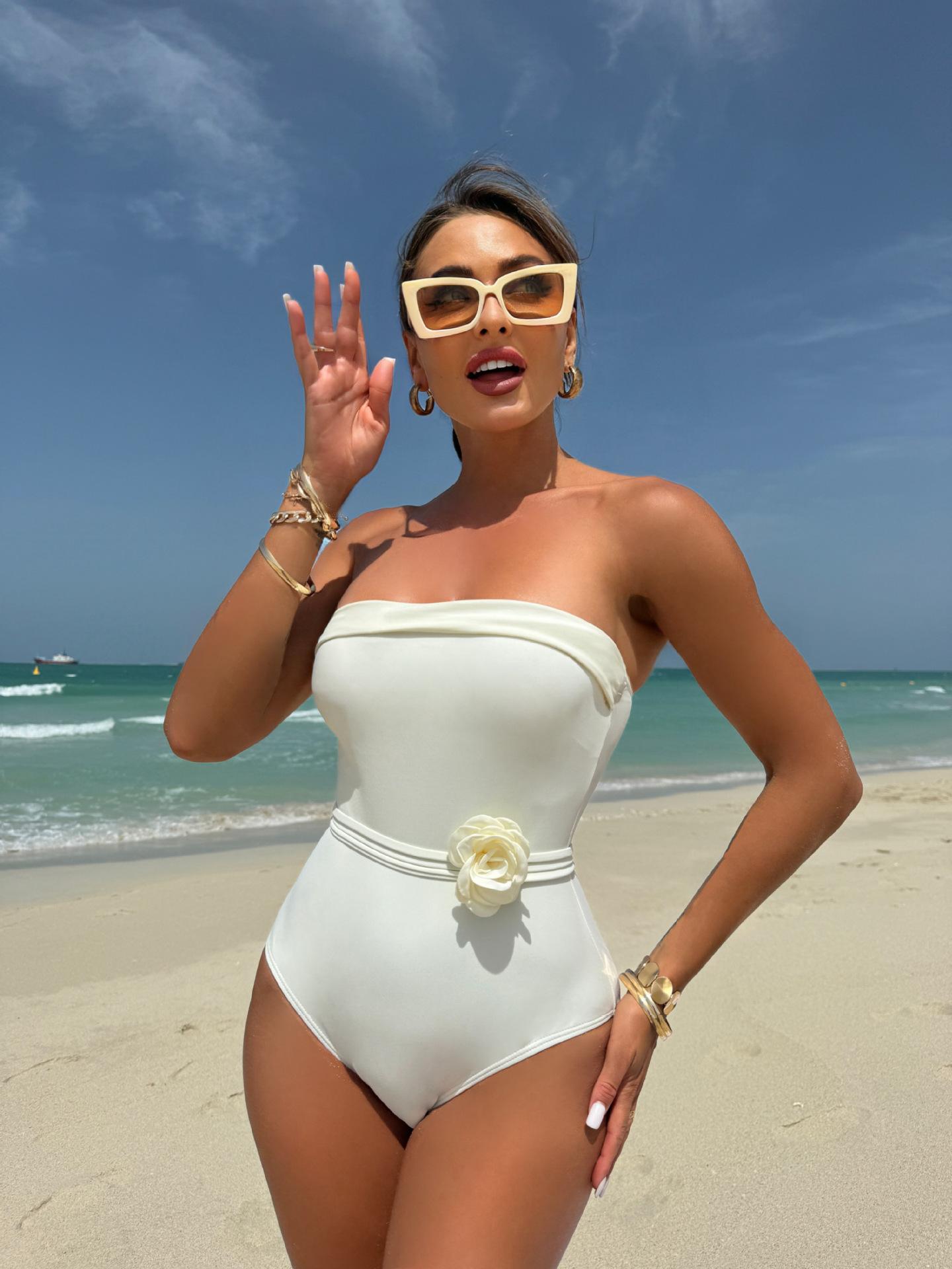 European and American one-piece multi-wear one-piece drawstring strap flower swimsuit bikini bikini S