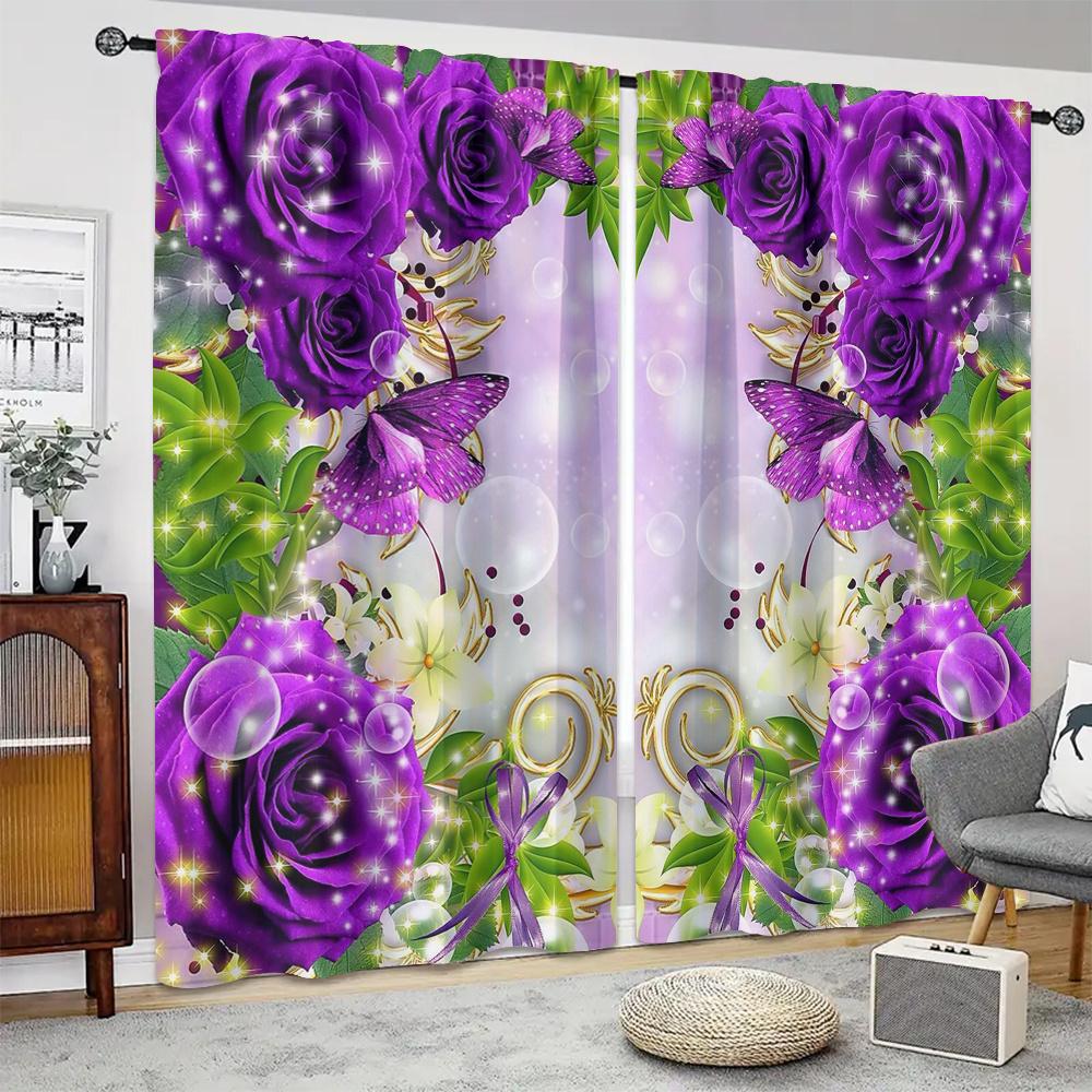 2Pcs Polyester Shiny Purple Rose Printing Window Curtains Birthday Party Decoration Backdrop Drapes for Living Room