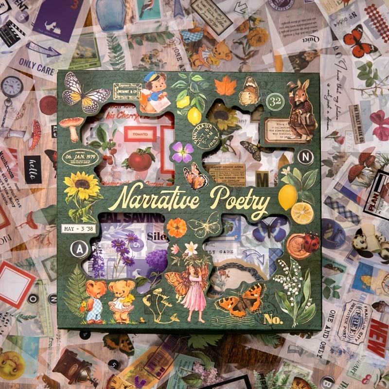 100 Folhas Adesivos Decorativos Vintage - Animais de Desenho Animado Fofos, Plantas e Designs de Poesia, Autoadesivos | Ideal para Scrapbooking