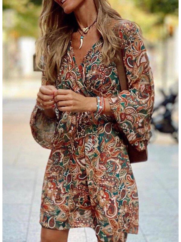 2023 Summer European & American Mid-Waist Printed Short-Sleeve Loose Midi Dress