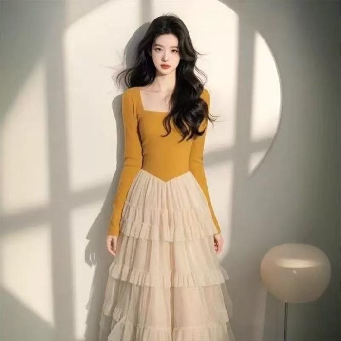 2025 Spring Stylish Yellow Square Neck Long Sleeve Patchwork Dress with Elegant Mesh Skirt S