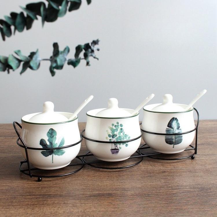 Ceramic Spice Jars Set Nordic Plant Design 4 Pcs Kitchen Storage Containers for Home Use
