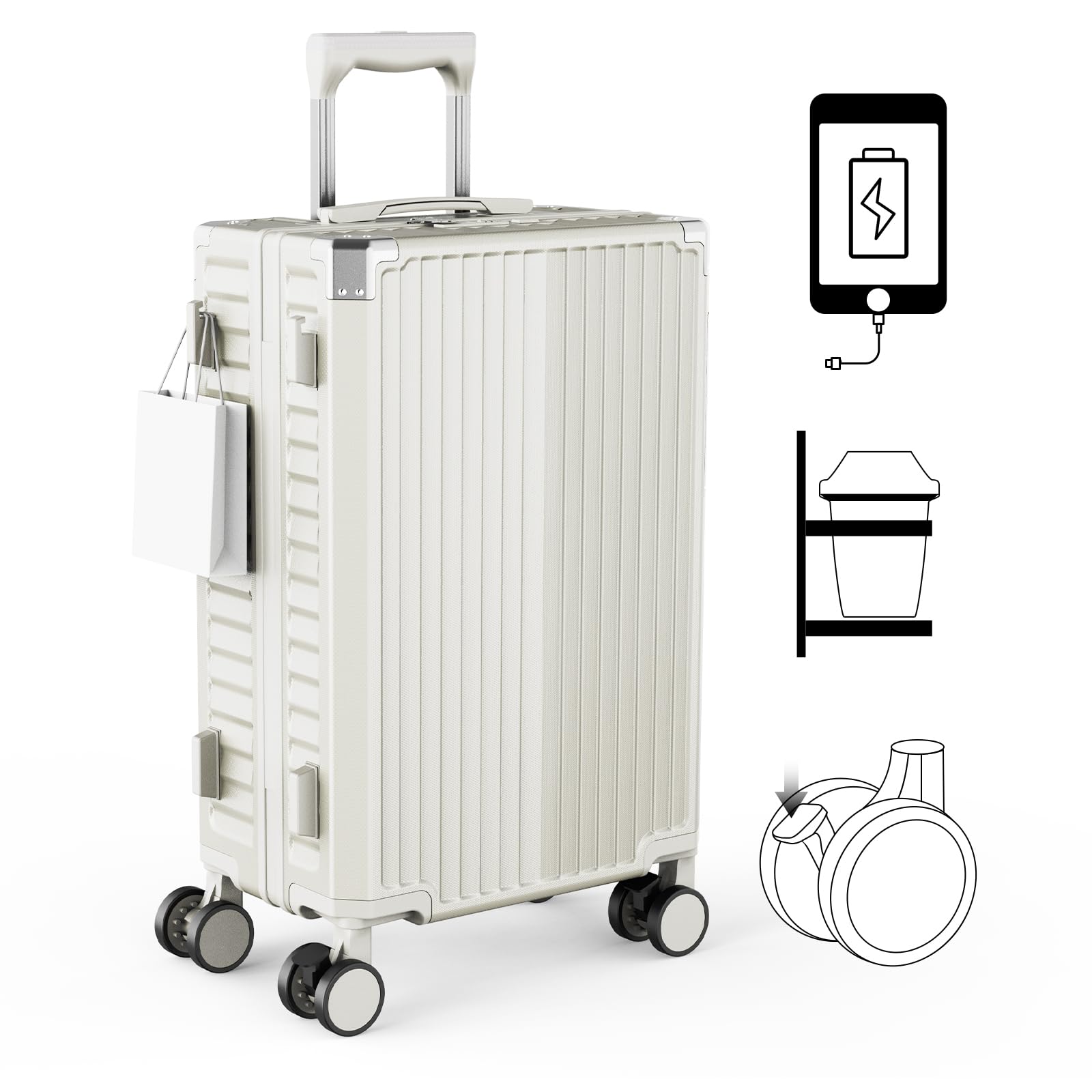 

Carry Carry Quiet Casters with Comes with USB Comes with Drink Hanging Multifunctional Zipper Business S White Color [FazaFree] Suitcase, Carry-on білий