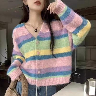 KWomen's Autumn and Winter Sweet Stripe V-Neck Knitted Cardigan Sweater