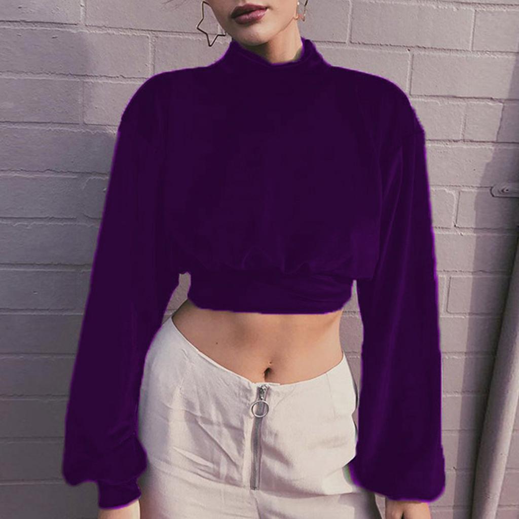 Women High Neck Velvet Crop Top Long Sleeve Pullover Loose Fit Short Length Soft Touch Elegant Simple Style Shirt Blouse