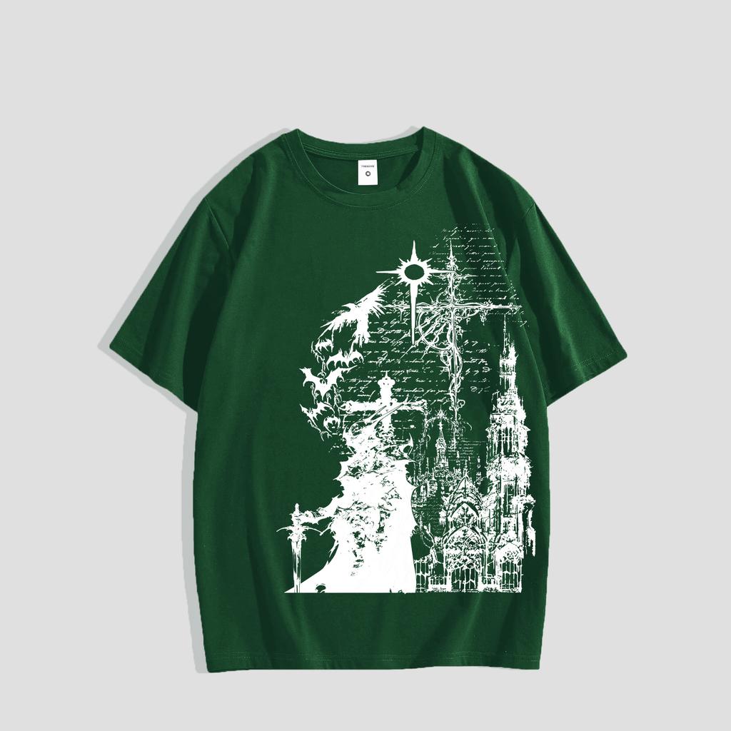 Casual Printed Crew-Neck T-Shirt, Dark Gothic Cross and Castle Print Short-Sleeve T-Shirt, Streetwear Brand Loose Oversized Unisex Top