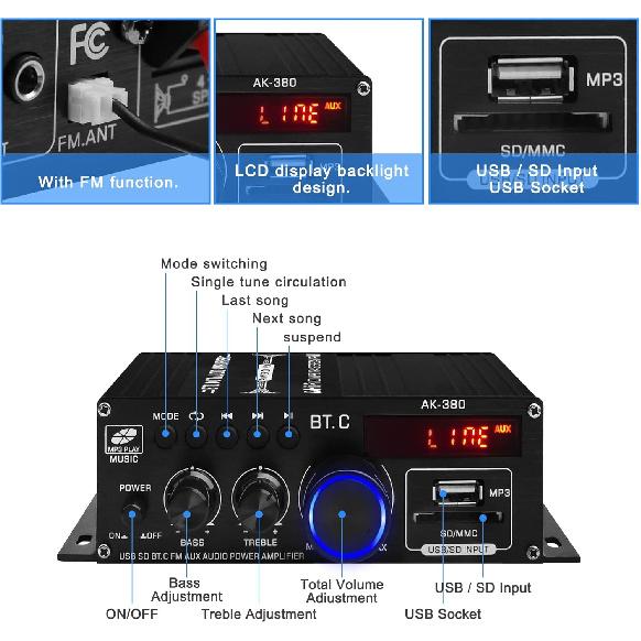 Bluetooth 5.0 Audio Power Amplifier AK-380 400W+400W 2.0 CH HiFi Stereo Amp Receiver with USB,SD,AUX,Remote Control,FM Antenna for Car Home Speaker