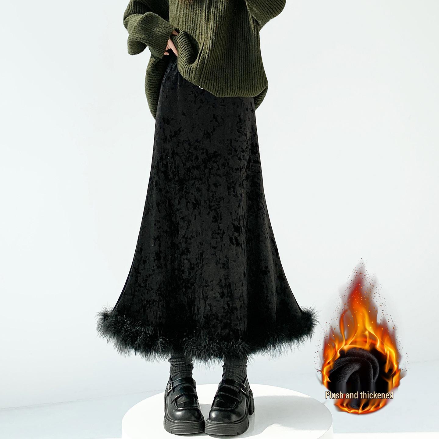 Women s High-Waist Velvet Mermaid Pencil Skirt - Mid-Length, Slim-Fit A-Line for Winter Medium чёрный