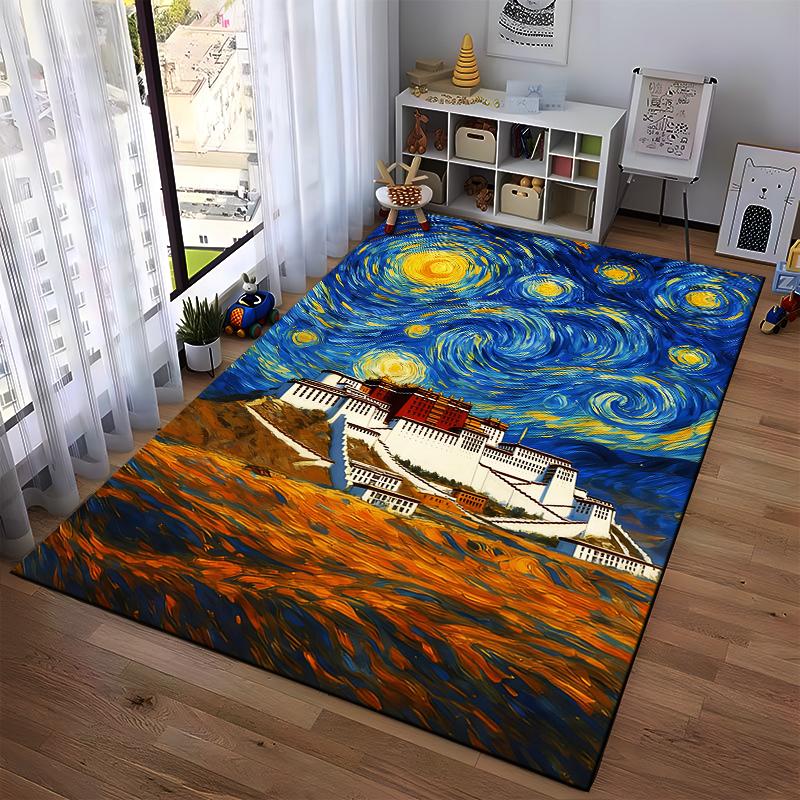 "Starry Night-Inspired Landscape Rug with Mountain Architecture Design" Suitable for Use As an Anti-slip for Living Room Bedroom Sofas