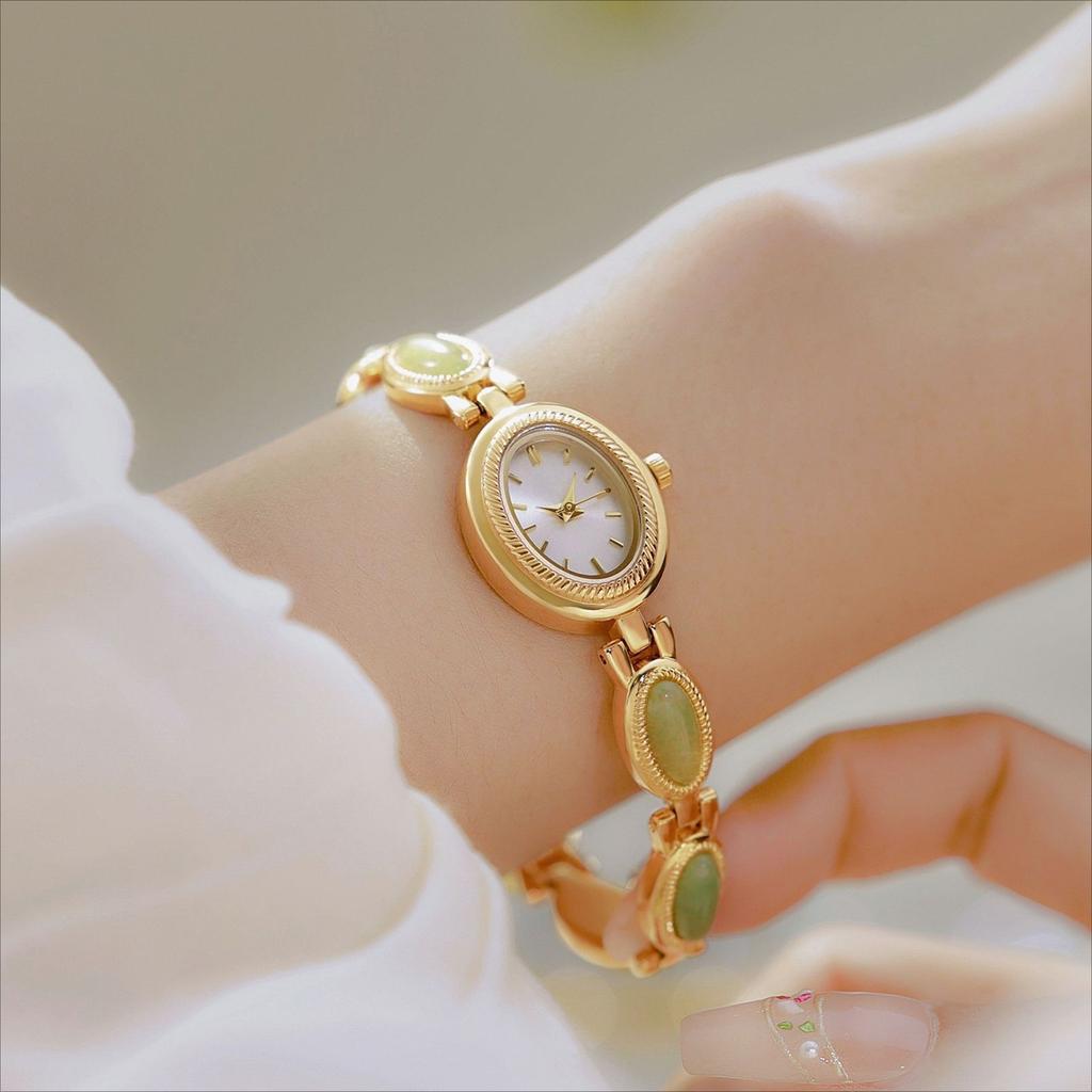 Oval Quartz Waterproof Wristwatch for Women Jade Bracelet Watch