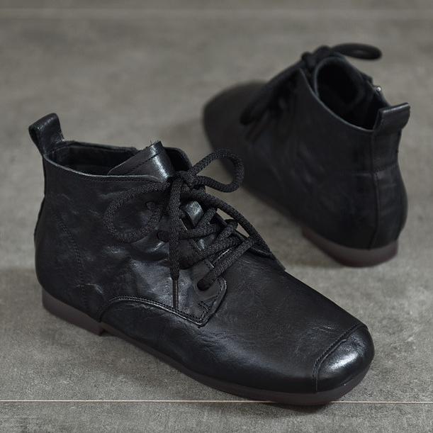 Johnature Genuine Leather Pleated Short Boots Round Toe Soft Sole Lace Up Versatile Women's Shoes