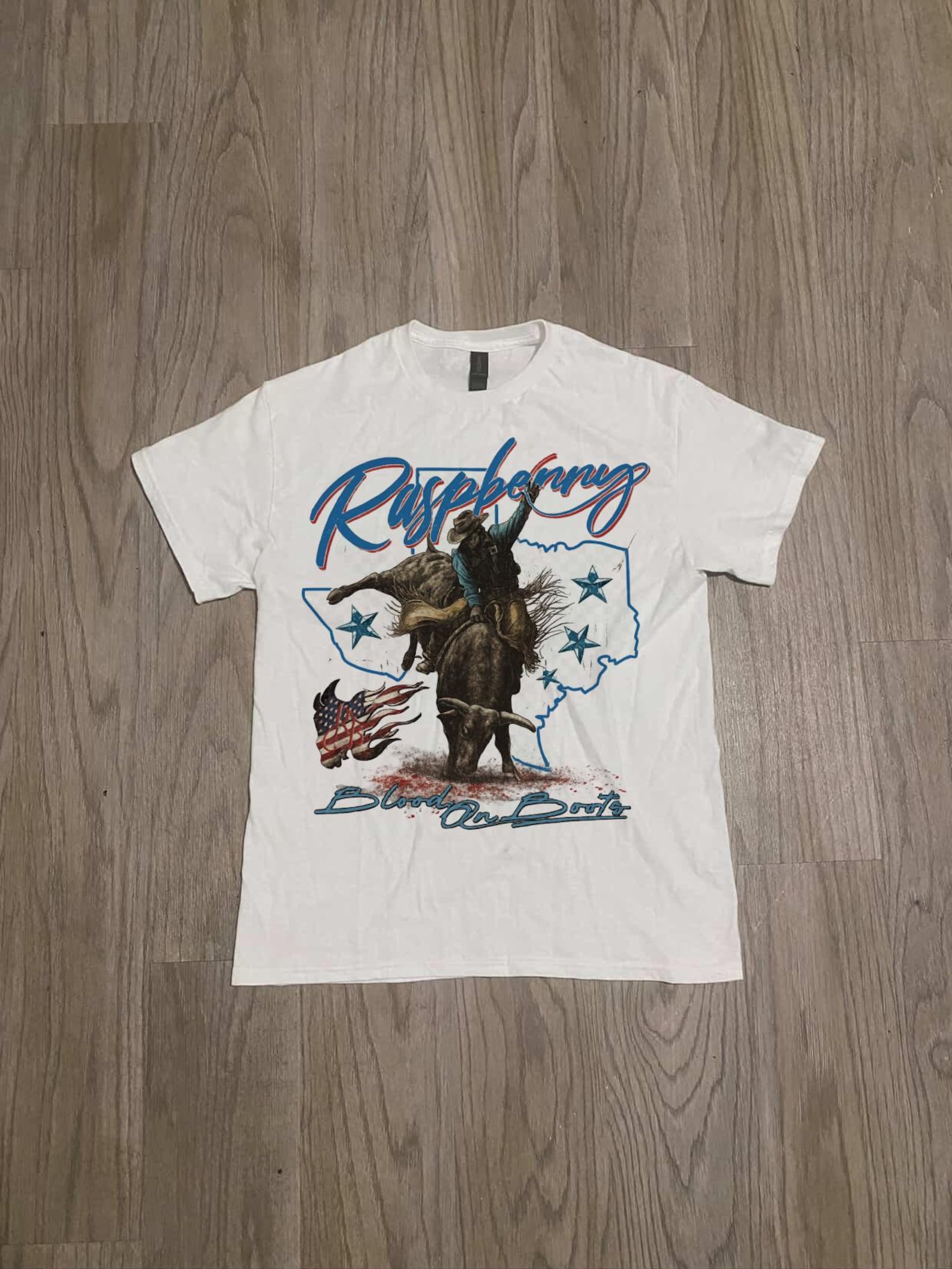 Vintage Western Bull Riding T-Shirt, Rodeo Cowboy Tee USA Flag Graphic, Raspberry Blood On Boots Design L