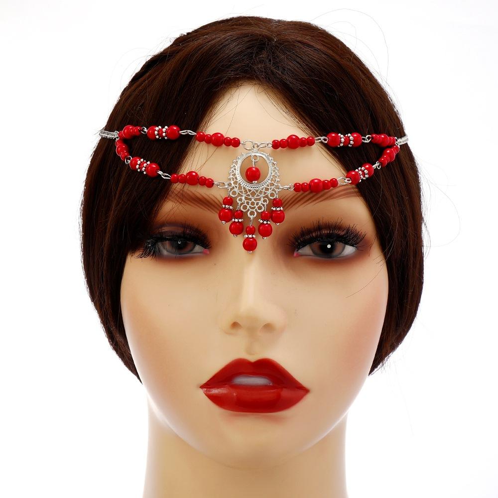 Bohemian Ancient Hanfu Travel Photography Turquoise Red Bead Headband Headgear Accessories, Exotic Hair Chain