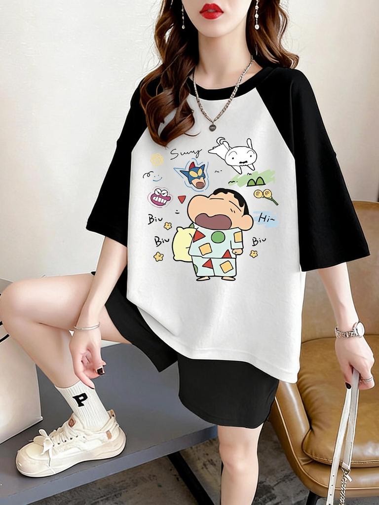 Women's Plus Size Cartoon Short Sleeve Mid-Length T-Shirt - Trendy, Loose, Versatile Summer Top