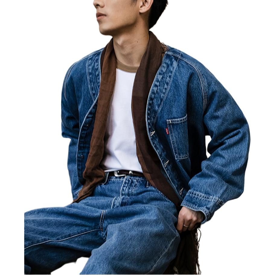 Levis V-výstřih Jednořadé Prané Vintage Džínová bunda s velkými kapsami Pánské bundy Modrá A7139-0000