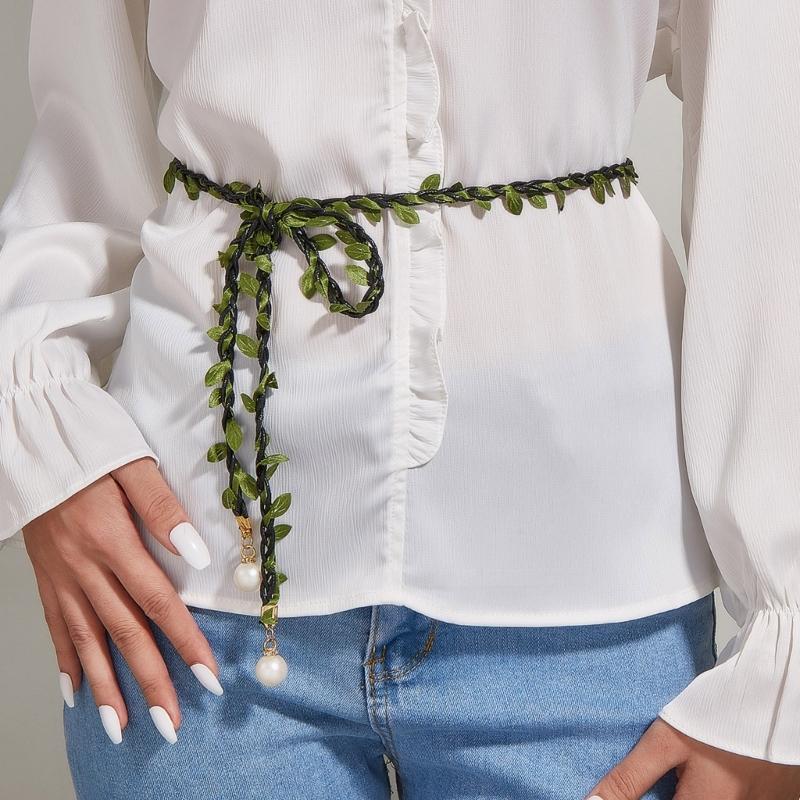Green Leaves Thin Waist Belt Women Adjustable Belt with Pearl Pendant Belt