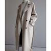 Women's Lapel Long Sleeve Loose Fit Trench Coat Casual Belted Wool Blend Mid-Long Jacket
