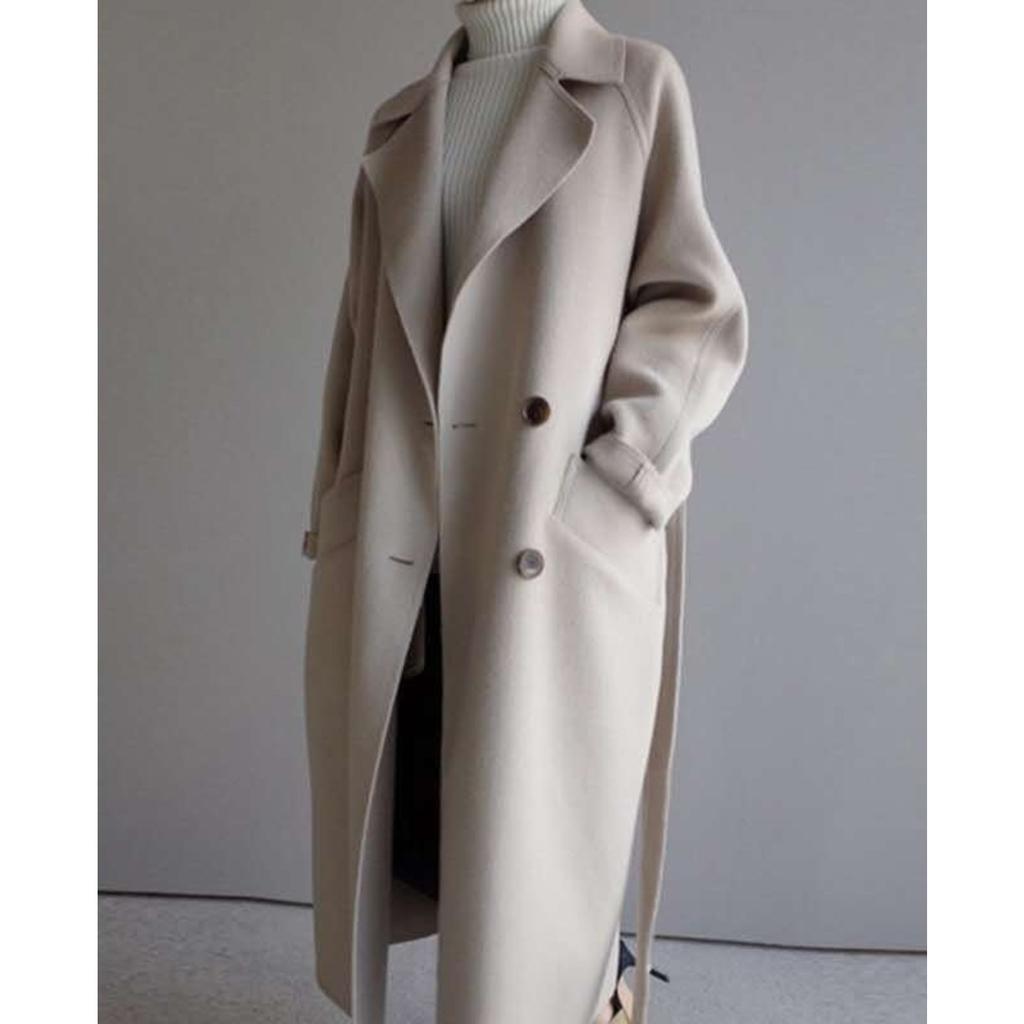 Women's Lapel Long Sleeve Loose Fit Trench Coat Casual Belted Wool Blend Mid-Long Jacket