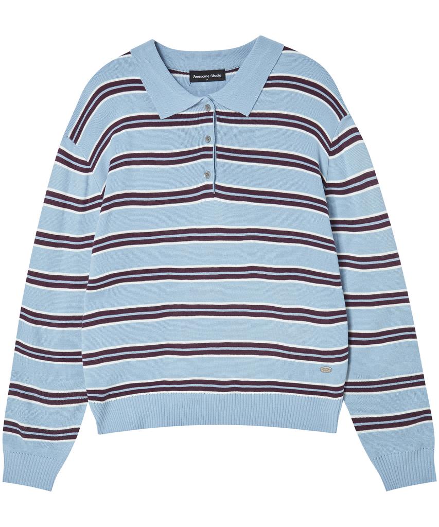 AWESOME STUDIO Multi-Stripe Collar Knit Sky Blue