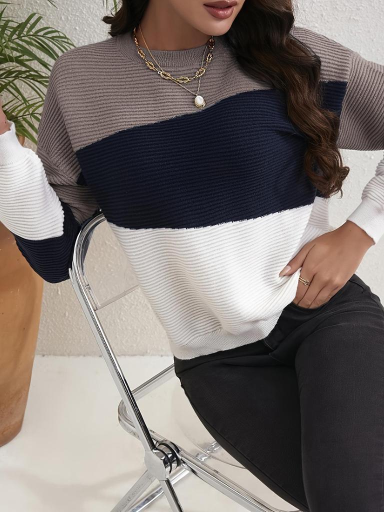 Women's Color Block Patchwork Long Sleeve Knit Sweater - Autumn/Winter Loose Fit, Round Neck.