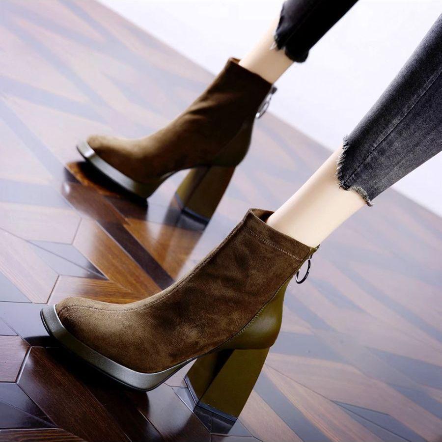 Suede Matte Square Head High-heeled Boots Women's Martin Boots 2025 Autumn and Winter New Waterproof Platform Thick-soled Heightened Thick-heeled