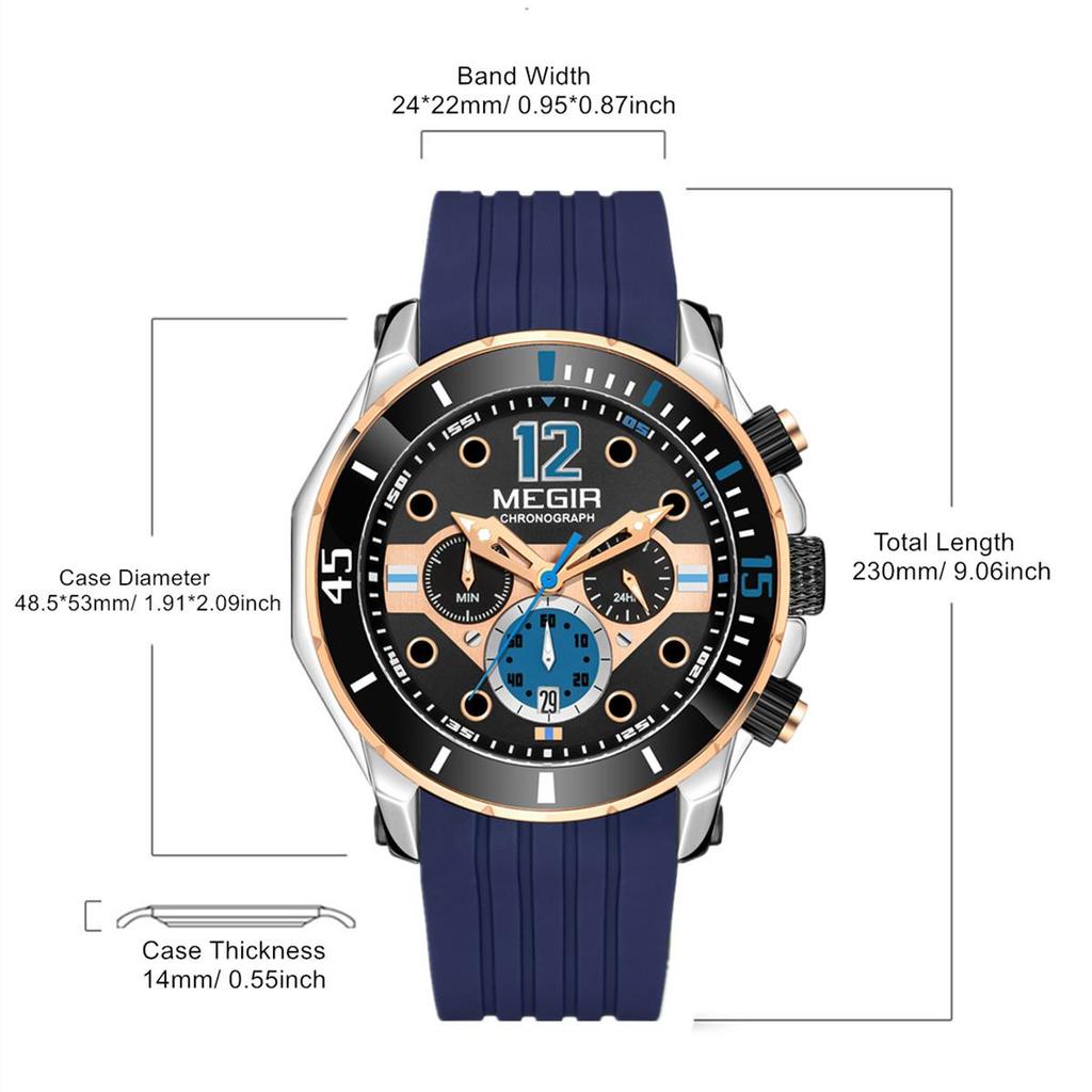 Megir Herren-Business-Arbeits-Analog-Quarz-Armbanduhr mit Edelstahlband, Kalender, Stoppuhr, leuchtend, für die Sammlung
