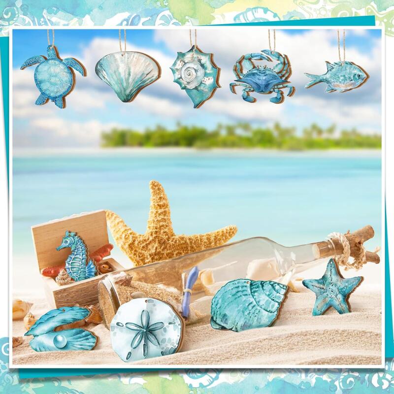 20pcs Summer Ocean Animals Ornaments Summer Ornaments for Tree Wooden Beach Hanging Ornaments Ocean Themed Ornaments Decorations