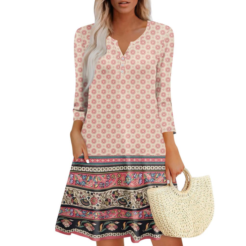 Women's Summer Dress Loose V Neck Three-quarter Sleeve Sundress With Pockets Dress