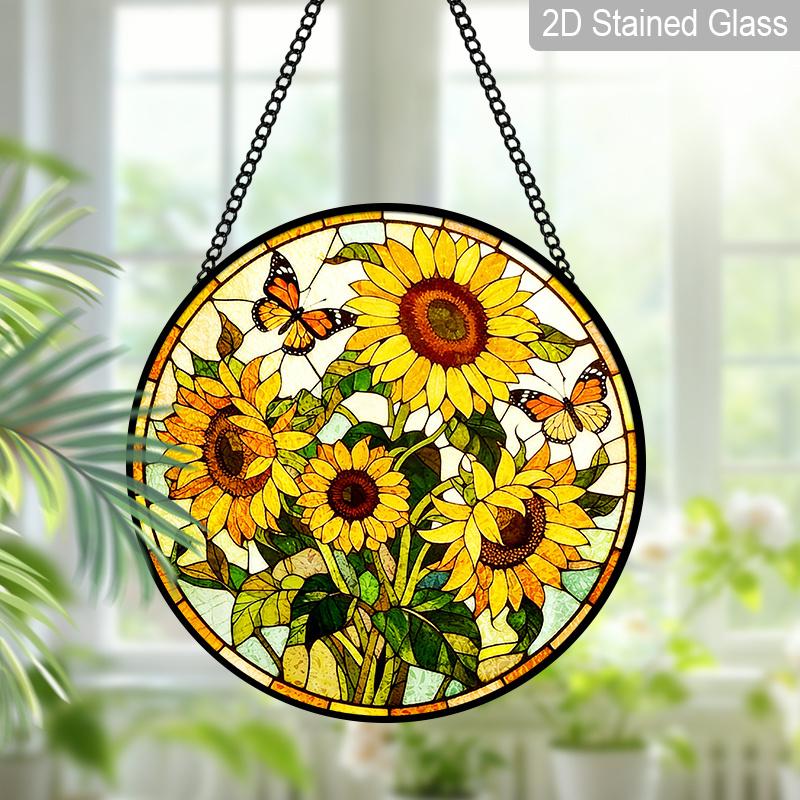 2D Flat Stained Glass Sunflower Window Decoration, 7.87inches Yellow Colored Glass Plate with Chain, Charming Spring Summer Home Decor, Unique